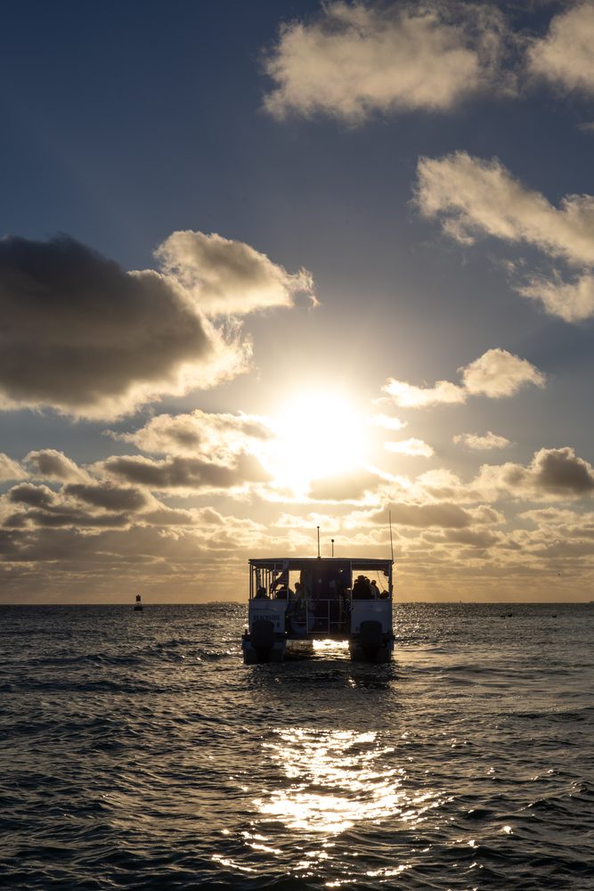 The boat silhouetted against the setting sun on the water off Key West