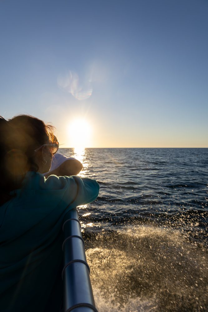 The sun setting over the water from the deck of the Brightwild boat